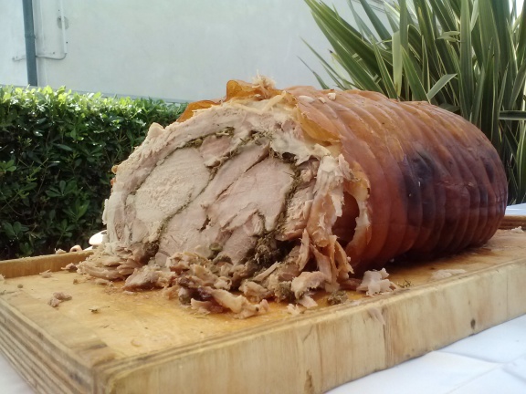 La porchetta. The pork for Bianca's birthday. The meat is kept int he pork rind. WARNING: this photo may not be appropriate for vegetarians.