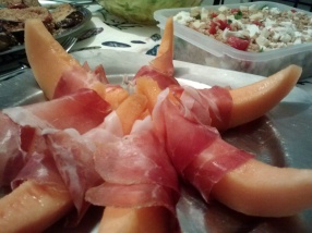 Melone prosciutto, cantaloupe with ham wrapped around it