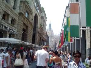 Walking down one of the main streets in Milan.