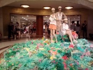 A display made with plastic bags outside of Zara.